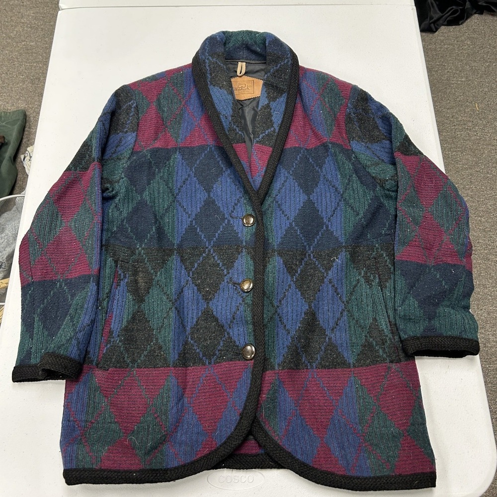 Woolrich Argyle Wool Jacket Womens Small Multicolor Shawl Collar Vintage 8651